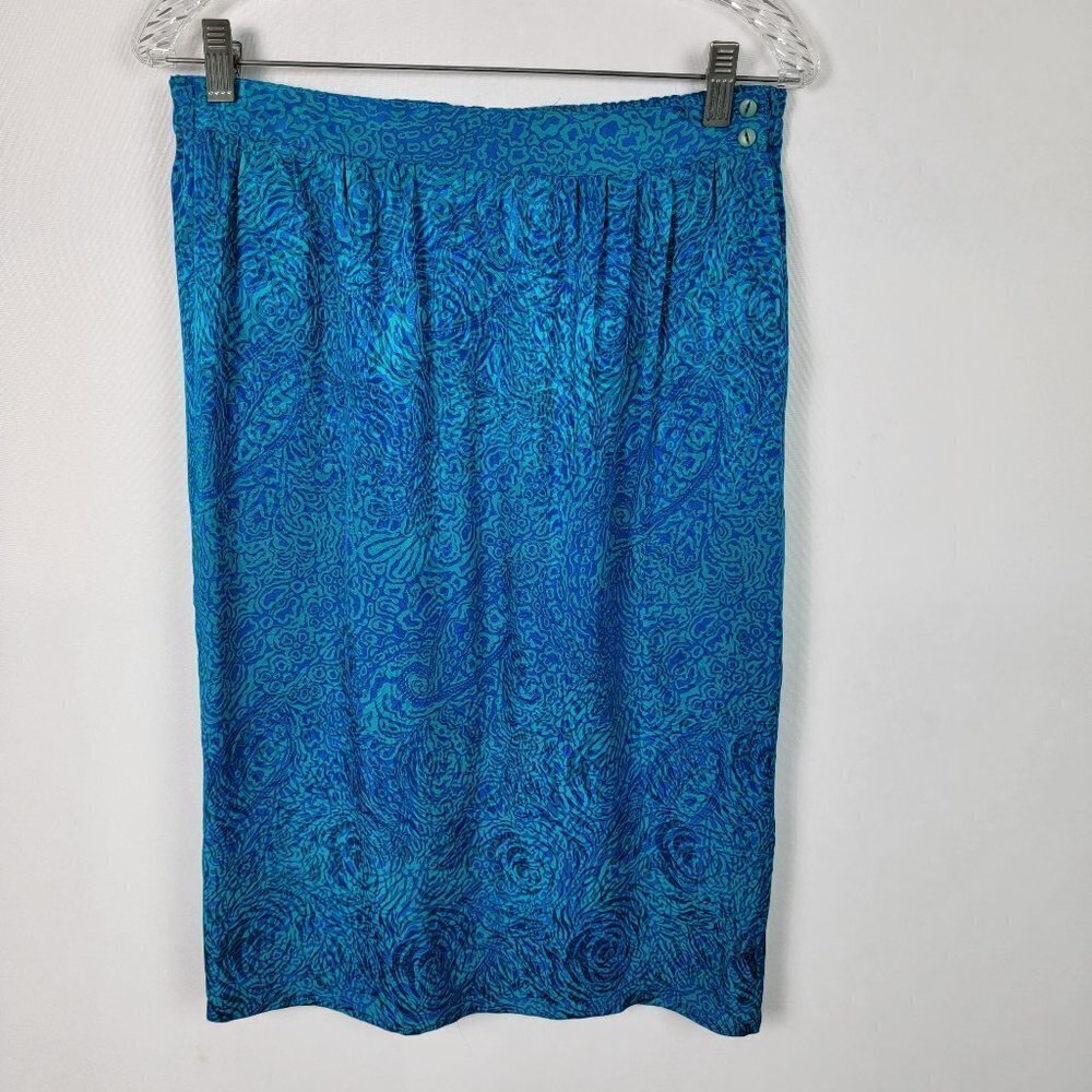 Nora Noh Silk Skirt Blue Floral Elastic Back Slit Pleated Unlined